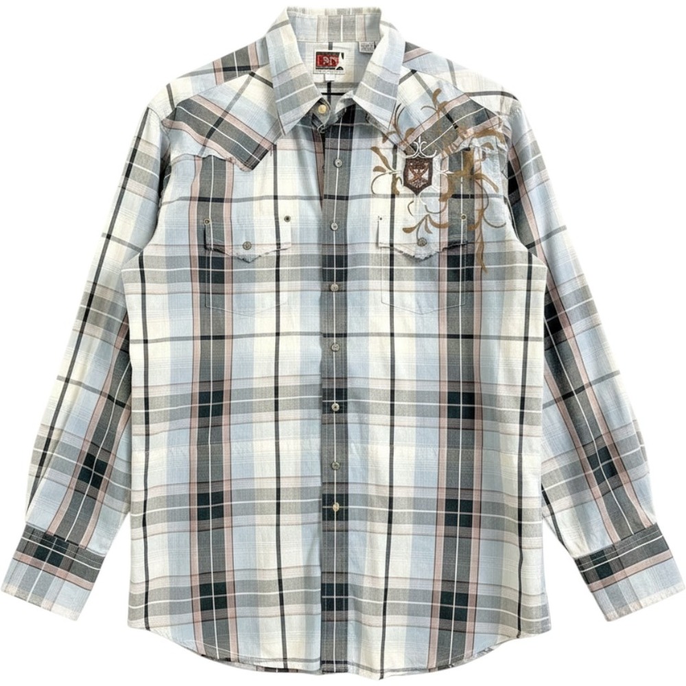 Brooks & Dunn Panhandle Slim Western Shirt Mens XL Blue Aztec Pearl Snap Vintage